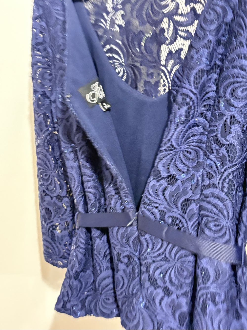 Alex Evenings Navy Lace Peplum Top with Self-Tie - Picture 4 of 5